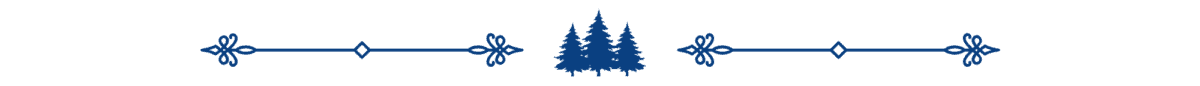 Blue decorative divider with three French Country Christmas trees in the center, flanked by symmetrical floral and geometric ornamentation on either side.