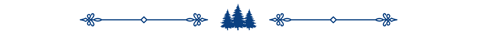 Blue decorative divider with three French Country Christmas trees in the center, flanked by symmetrical floral and geometric ornamentation on either side.