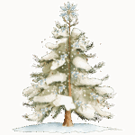 A watercolor illustration of a French Country Christmas Tree, decorated with snow-dusted branches, blue and white ornaments, and a shining star on top, standing on a snowy patch against a white background.