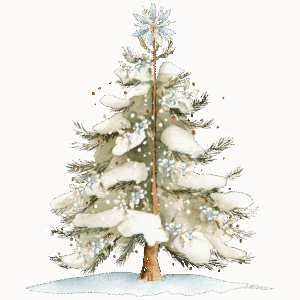 A watercolor illustration of a French Country Christmas Tree, decorated with snow-dusted branches, blue and white ornaments, and a shining star on top, standing on a snowy patch against a white background.