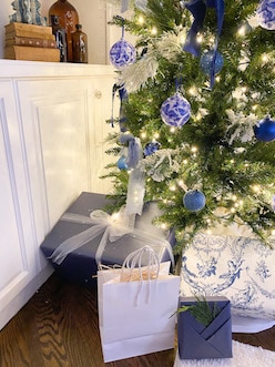blue and white wrapped gifts under my French country christmas tree