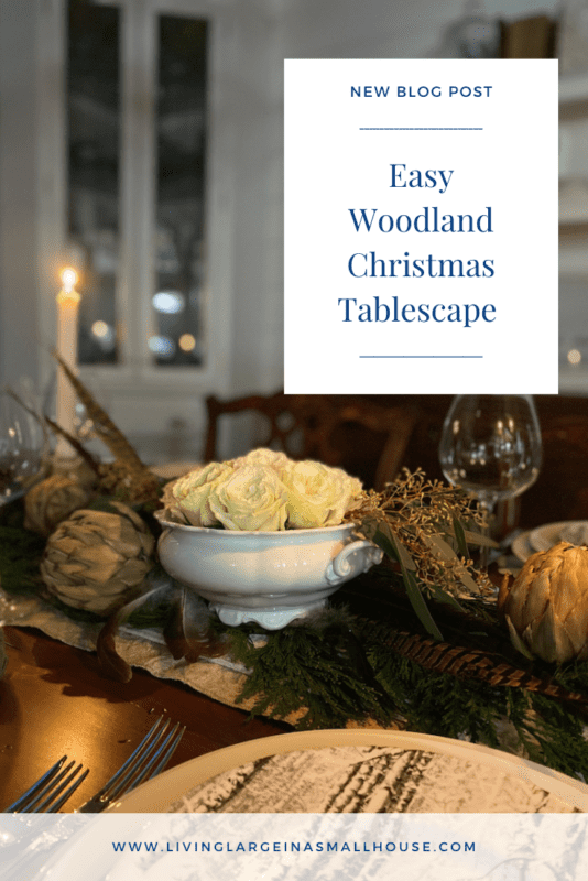 pinterest graphic with photo of the tablescape with an overlay that read "Easy Woodland Christmas Tablescape"