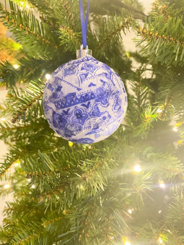 blue and white decoupage ornament