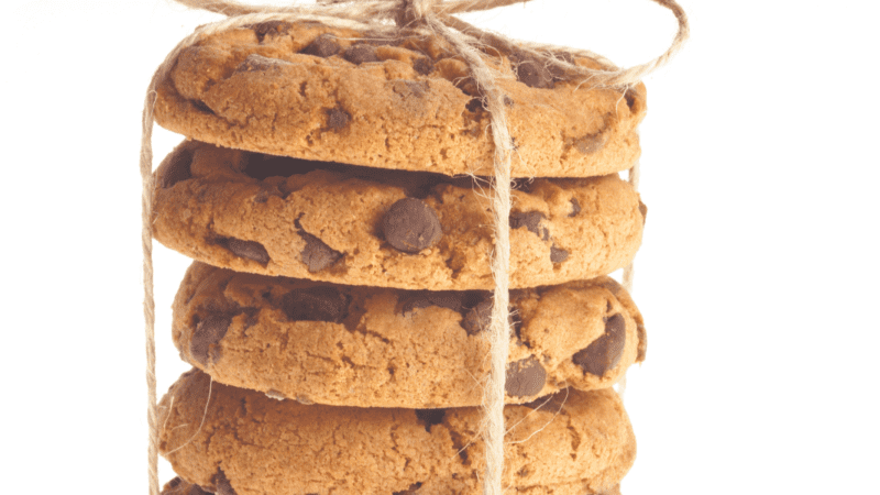 chocolate chip cookies tied up with twine for a gift