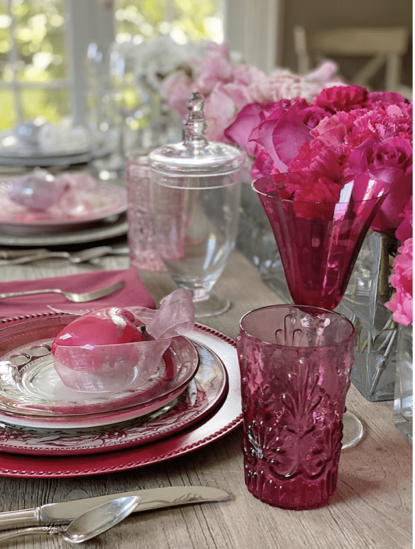 beautiful cranberry tablescape by Leslie Saeta of My 100 Year Old Home. Every elegant Valentine's Day decor ideas on her blog.