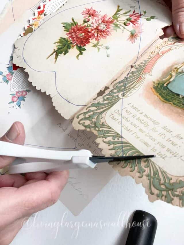 making a mantle garland out of vintage books and Valentine's Day card for an elegant Valentine's Day decor