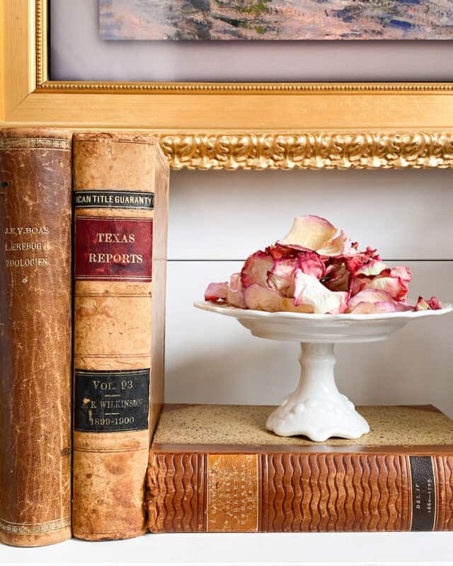 corner of our frame tv and fireplace mantel with vintage books and some dried pink rose petals