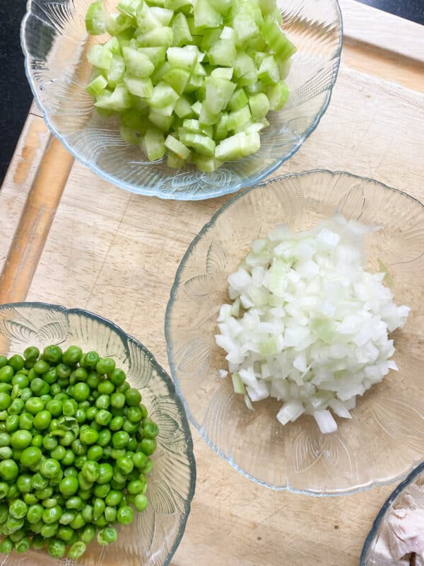 celery, onions and peas measured and ready for chicken pot pie filling