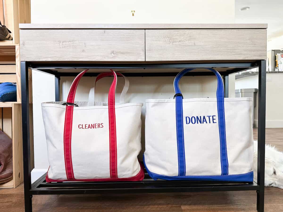 the totes that my niece has by her front door for donate and cleaners.