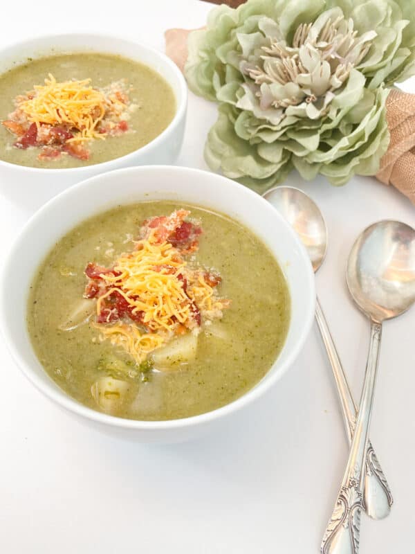 potato, broccoli, and leek soup in a bowl