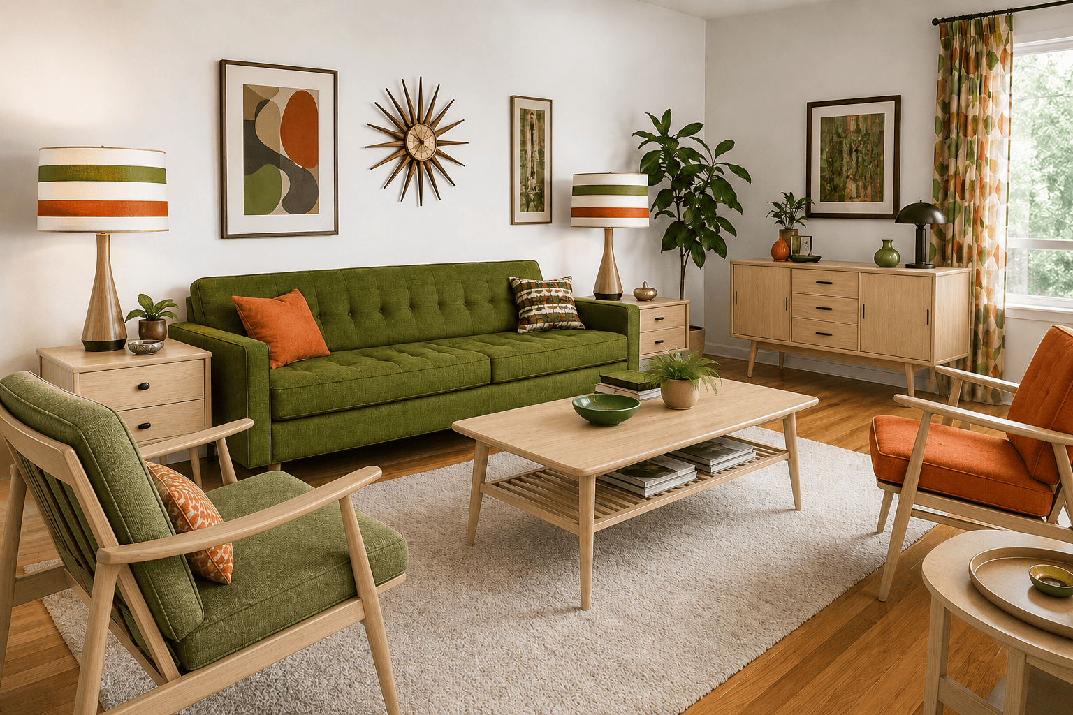 Mid-century modern living room with green sofa, vintage 1960s home decor, striped lamps, plants, and geometric wall art.