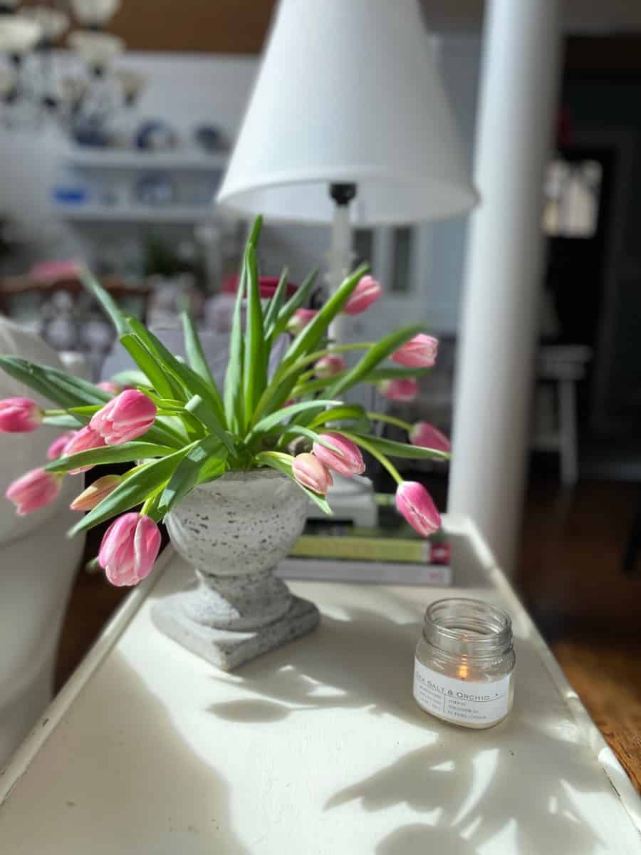 droopy pink tulips in a cement urn