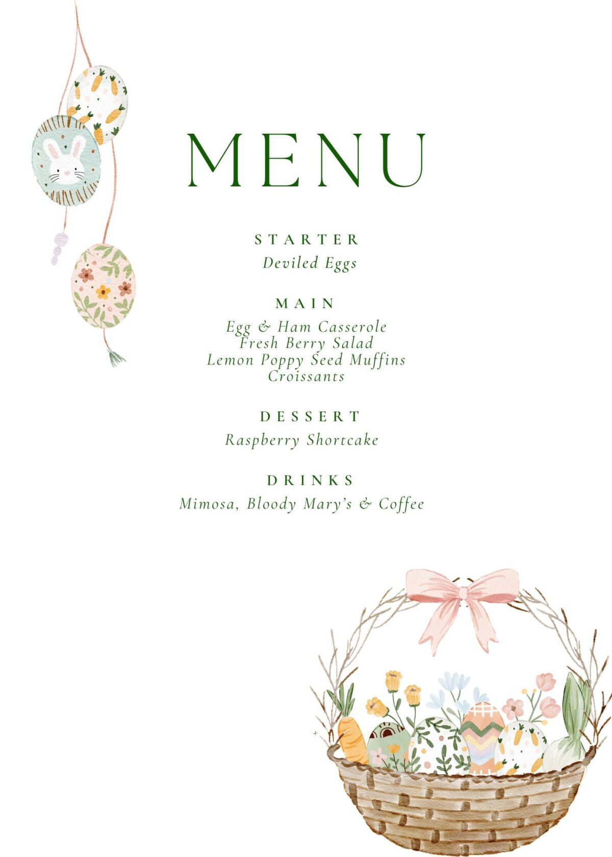 Easter Sunday Brunch menu with pastel hanging egg decorations on the left and a wicker basket filled with flowers and decorated eggs at the bottom right. Menu features deviled eggs, casseroles, salad, muffins, croissants, cake, and drinks.
