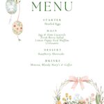 Easter Sunday Brunch menu with pastel hanging egg decorations on the left and a wicker basket filled with flowers and decorated eggs at the bottom right. Menu features deviled eggs, casseroles, salad, muffins, croissants, cake, and drinks.