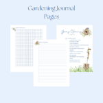 Three gardening journal pages from our resource library: a grid for planning, a lined notes page with floral accents, and a spring cleaning checklist decorated with garden tools and plants, all set on a light blue background.