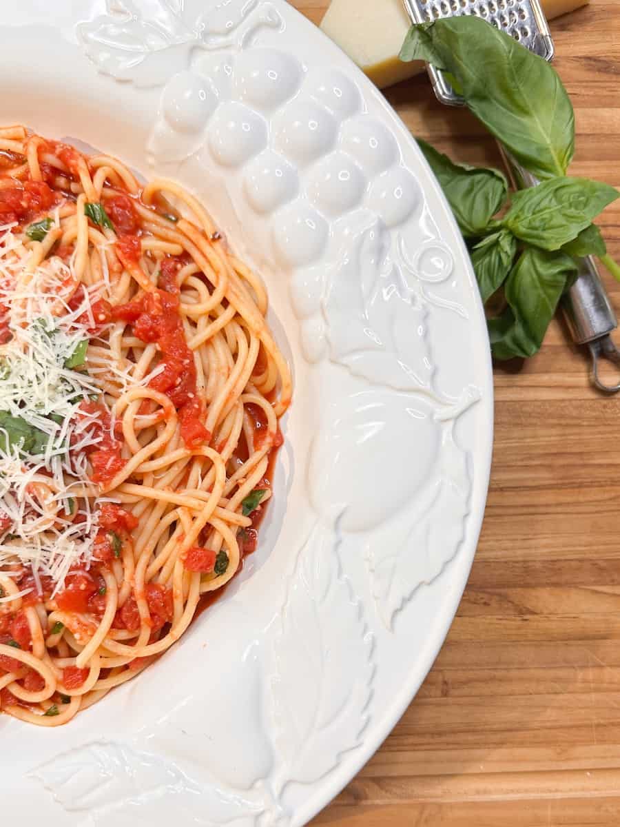 my white pasta bowl with the bucatini pomodoro recipe in it