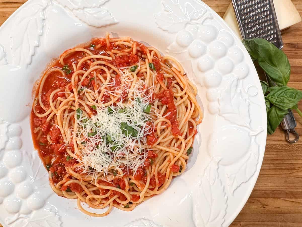 my white pasta bowl with the bucatini pomodoro recipe in it