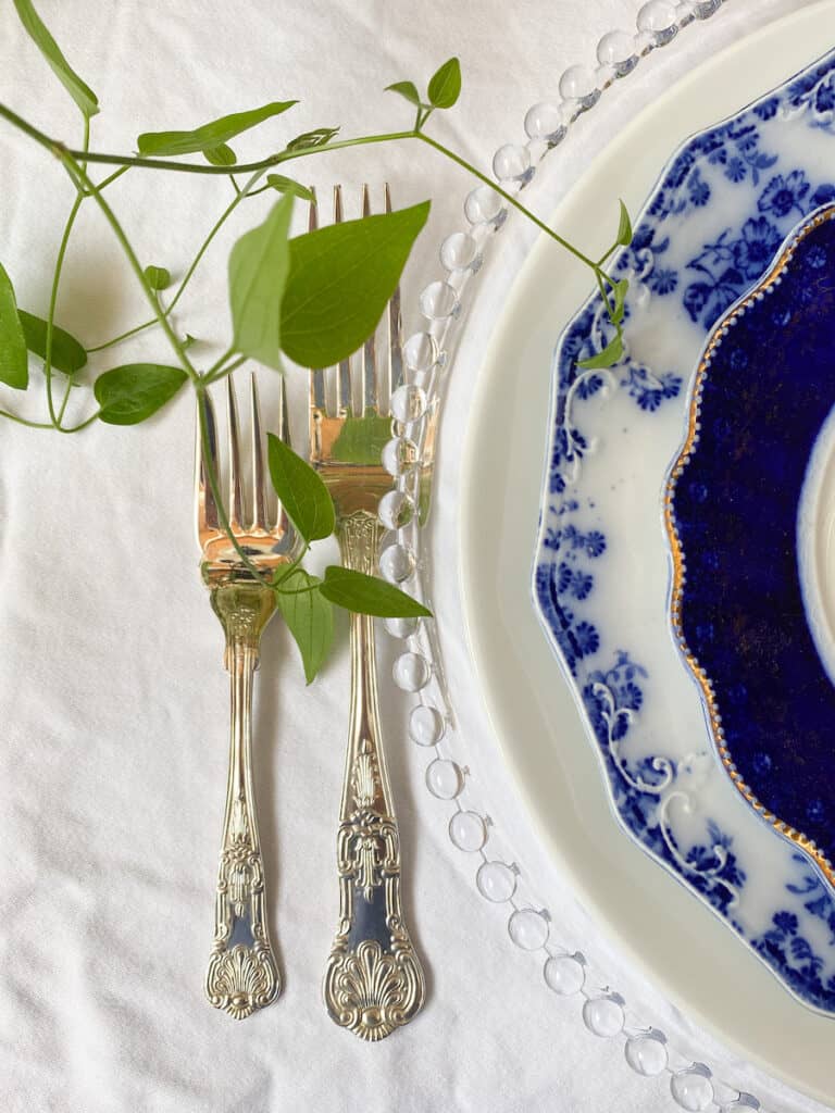 a place setting of flow blue plates that I collect