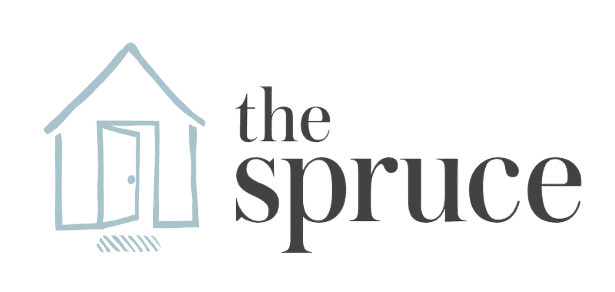 Logo for "The Spruce" featuring a minimalist light blue outline of a house with an open door next to the words "the spruce" in elegant black serif font.
