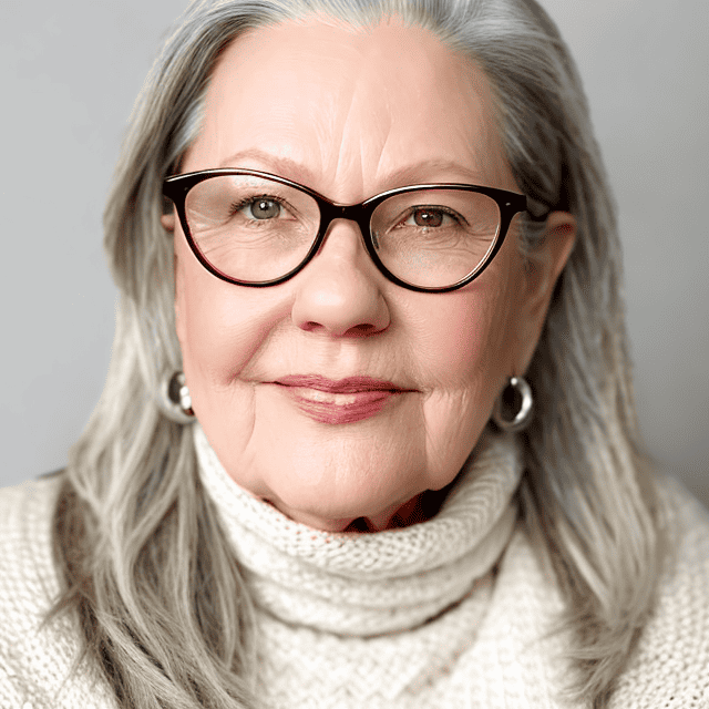 About the elderly woman: With long gray hair and glasses, she wears a white knit sweater and hoop earrings, her gentle smile radiates warmth against the plain light gray background.