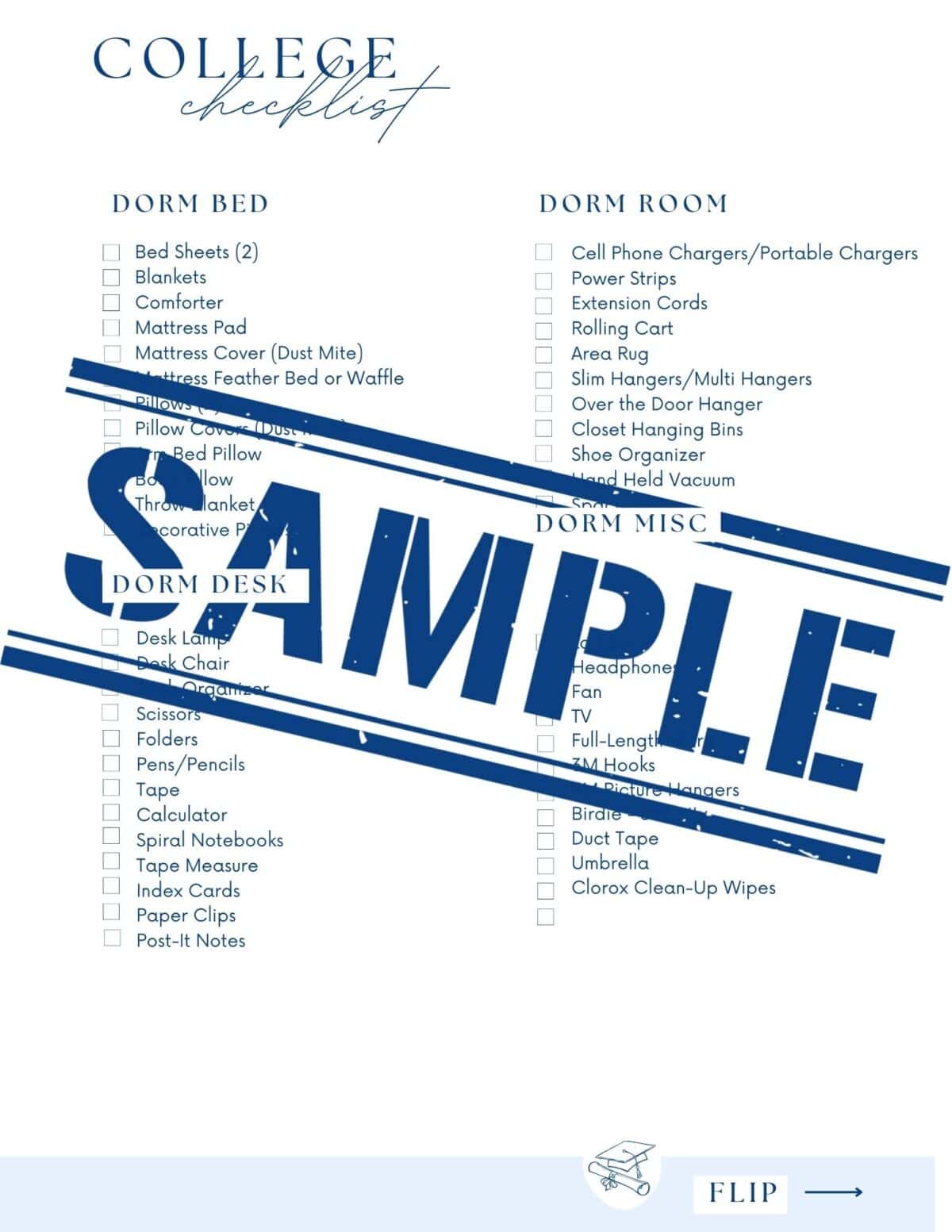 A printed college dorm checklist featuring categories for Dorm Bed, Desk, Room, and Misc—each with detailed items and checkboxes. "SAMPLE" is boldly stamped across the page.