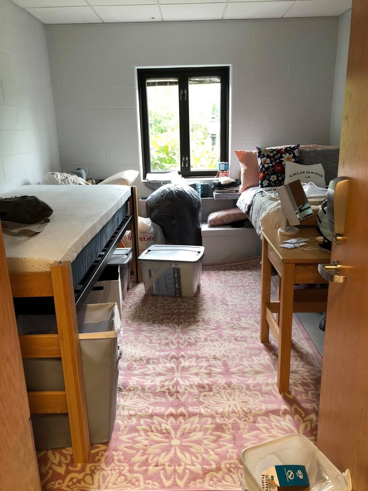 college-life-19 | Living Large In A Small House, LLC A small dorm room with two elevated beds on each side and under-bed storage bins checks off any checklist for college freshmen. A window at the end of the room lets in natural light, while a pink patterned rug covers the floor. The room appears tidy and organized.