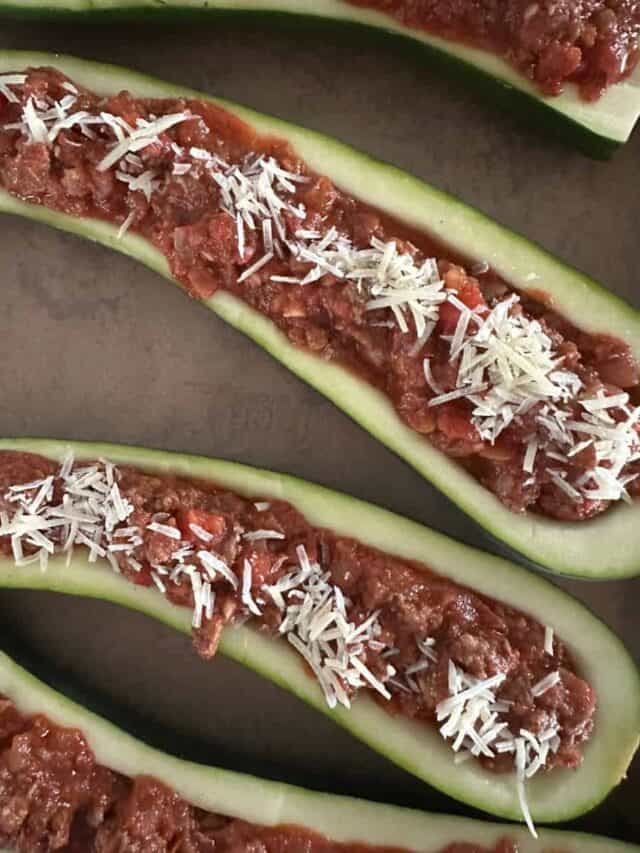 zucchini boats stuffed with easy bolognese sauce