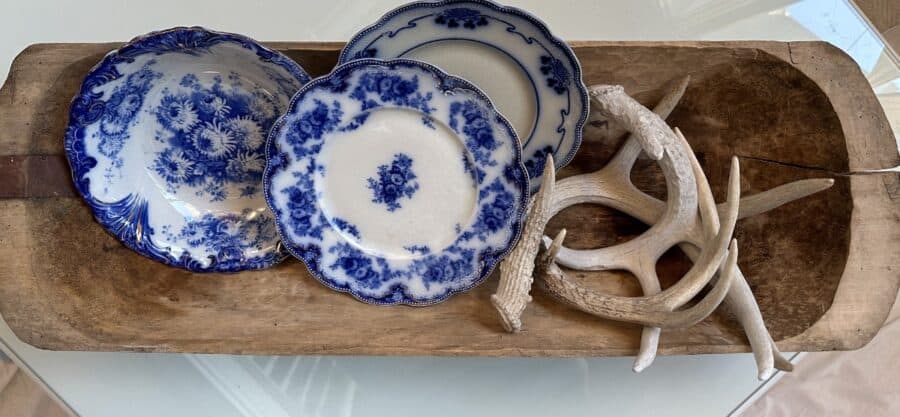 The dough bowl, three pieces of flow blue china and antlers that I bought in round top.