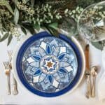 blue dinner plate, hanukkah salad plate and white napkin