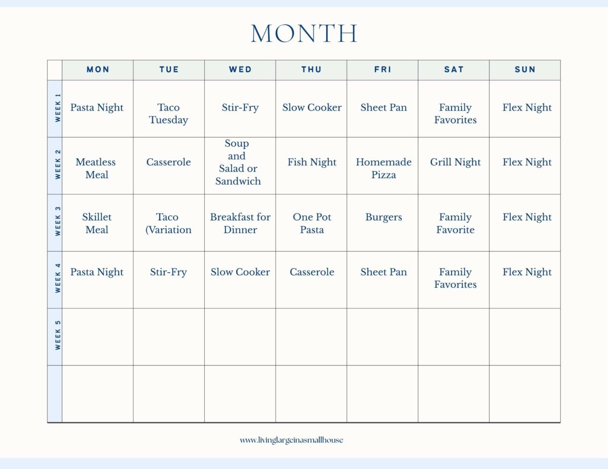 A monthly meal planning calendar with a grid layout, listing themed dinner ideas for each night of the week—such as Pasta Night, Stir-Fry, Burgers, Homemade Pizza—for easy and organized meal plan inspiration.