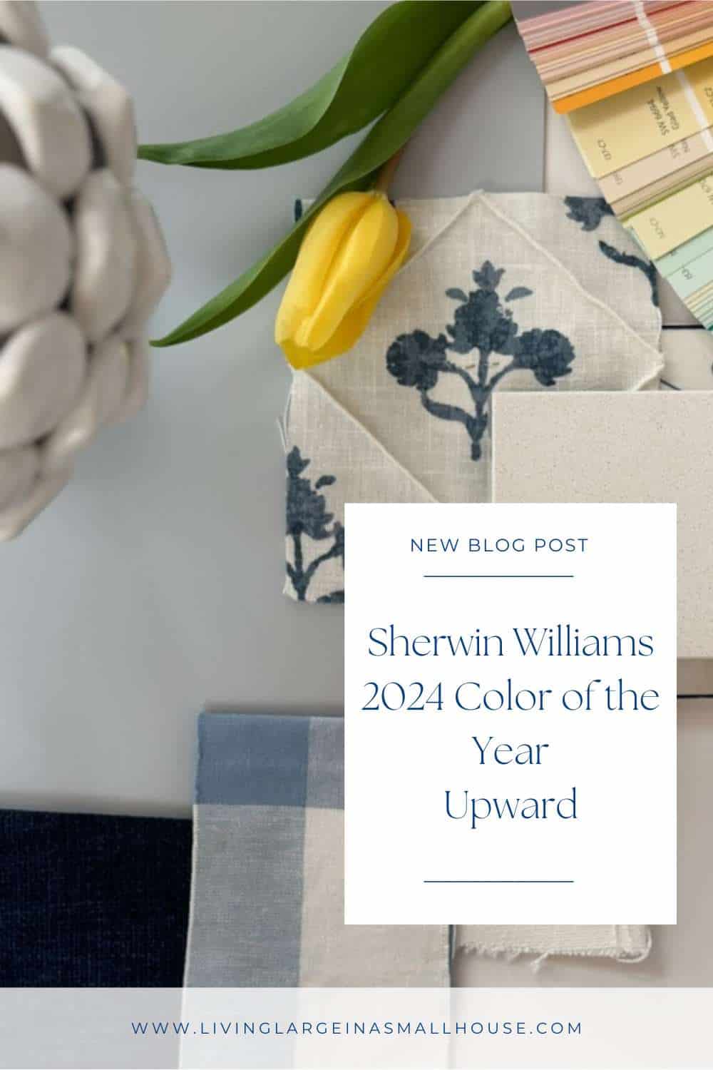 Pinterest Graphic with Living Room Mood board with overlay that reads "Sherwin-Williams" color of the year 2024 - Upward"