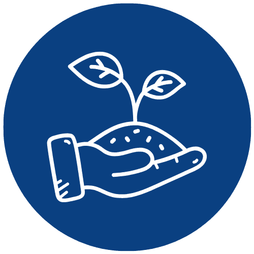 White line drawing of a hand holding soil with a small plant sprouting two leaves, symbolizing Starting Plants from Seeds, centered on a solid blue circular background.