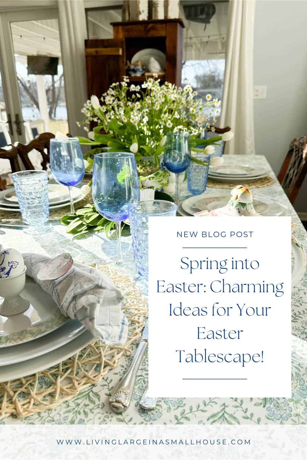 pinterest pin graphic with a photo of the easter tablescape and an overlay that reads "Elegant Easter: How to Create a Stunning Tablescape That Wows!
