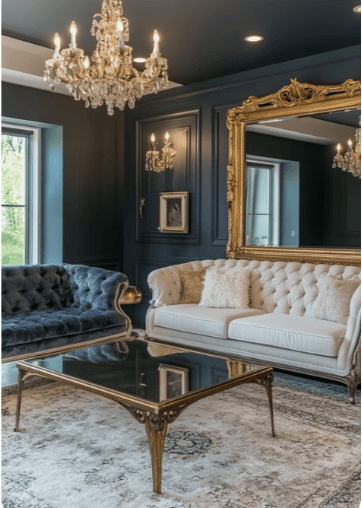 Elegant living room with dark blue walls showcasing dark and moody interior design, a gold-framed mirror, crystal chandelier, tufted blue and cream sofas, glass coffee table with gold legs, and a patterned rug.