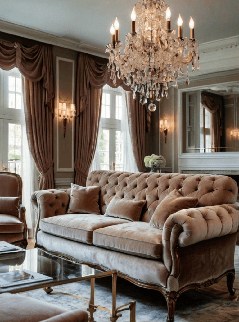 Elegant living room with a plush, tufted velvet sofa, ornate chandelier, large windows with flowing curtains, and a mirrored wall. Soft lighting enhances the luxurious and classic ambiance of this dark and moody interior design.