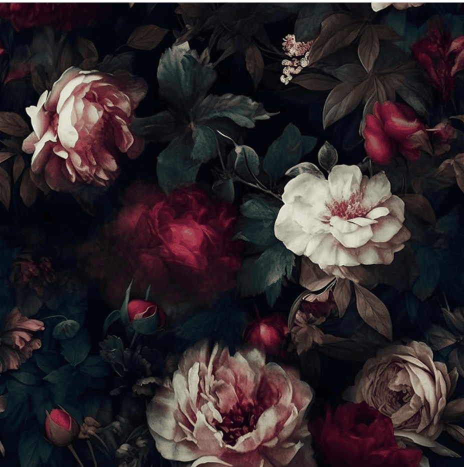 A dark, moody floral pattern featuring large, blooming roses and peonies in cream, pink, and deep red, surrounded by green and brown leaves on a black background—perfect for dark and moody interior design schemes.