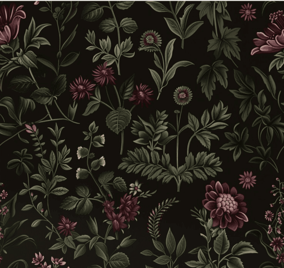 A seamless pattern of various green leaves and pink, purple, and yellow flowers against a dark, almost black background—perfect for adding a touch of dark and moody interior design to any space. The plants are detailed and arranged in a scattered, decorative style.