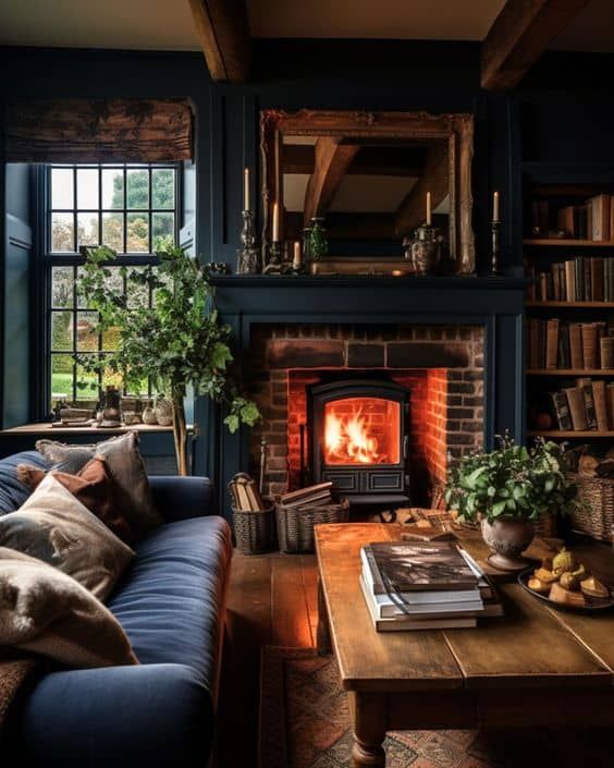 A cozy living room with a blue sofa, wooden coffee table, bookshelves, and a lit fireplace with brick surround embraces dark and moody interior design. Houseplants and daylight from the window enhance the warm, inviting rustic decor.