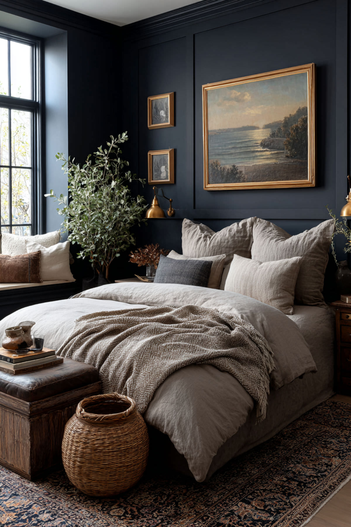 A cozy bedroom with dark blue walls showcases dark and moody interior design, featuring a large bed with beige bedding, textured blankets and pillows. Framed landscape art and gold sconces accent the space, while a woven basket and wooden chest add warmth.