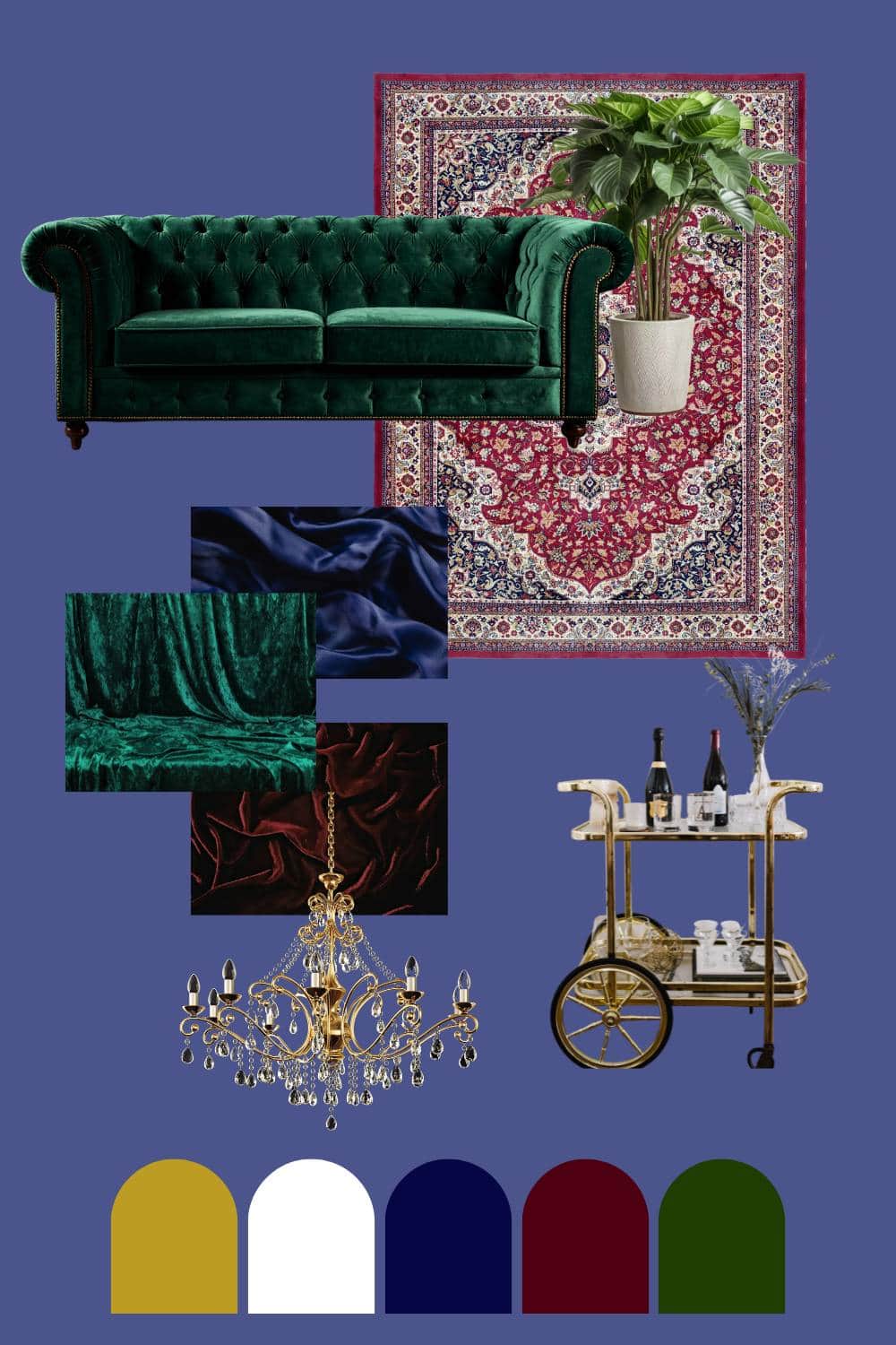 A mood board featuring a green velvet sofa, red and cream patterned rug, potted plant, and gold chandelier captures the essence of dark and moody interior design, with rich fabric swatches and color accents in navy, red, green, white, and gold.