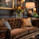 A brown tufted velvet sofa with patterned pillows sits in an elegant, dark and moody interior design, framed by wood paneling, a table lamp, a vase of flowers, bookshelves, and a landscape painting overhead.