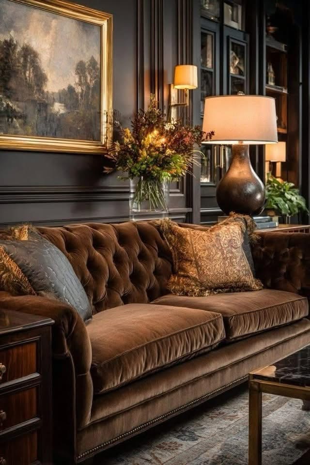 A brown tufted velvet sofa with patterned pillows sits in an elegant, dark and moody interior design, framed by wood paneling, a table lamp, a vase of flowers, bookshelves, and a landscape painting overhead.