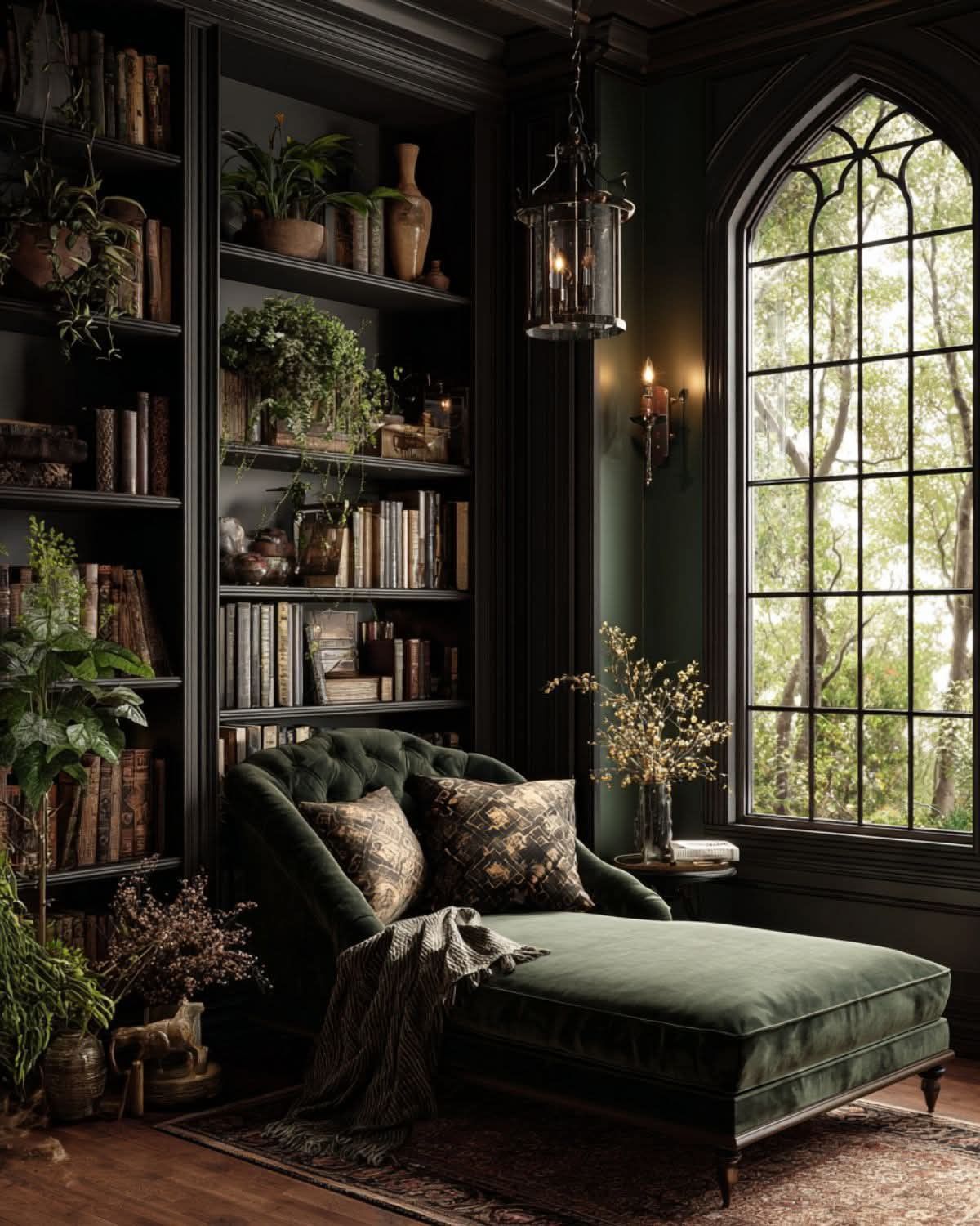 A cozy reading nook with a green velvet chaise lounge, patterned pillows, a throw blanket, and bookshelves filled with books and plants beside a tall arched window, blending dark and moody interior design with natural light.