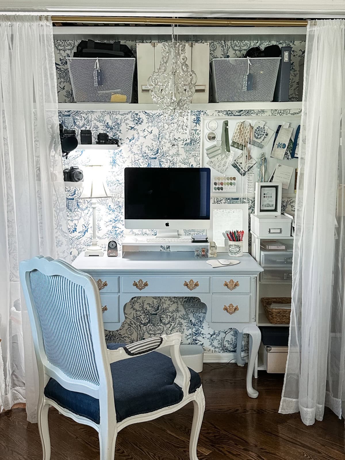 desk painted with refreshed hardware in the office alcove