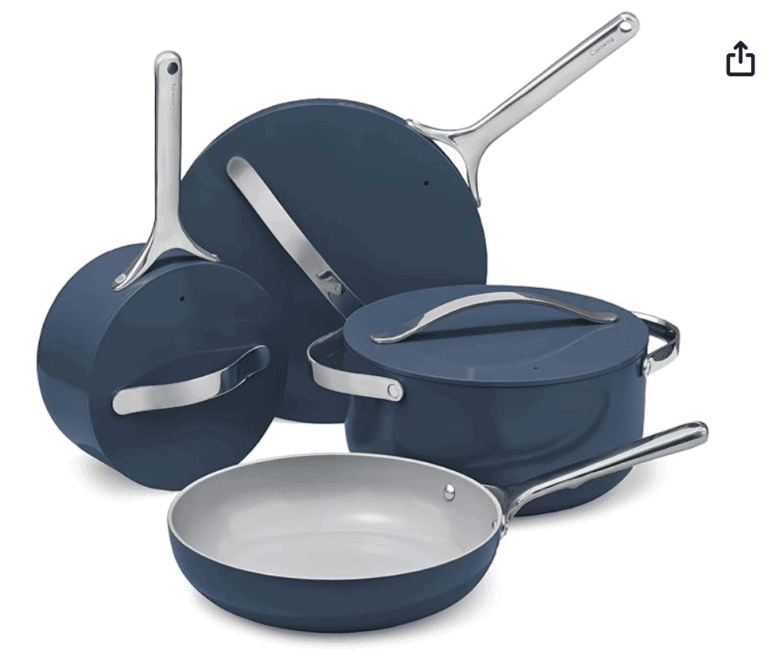 A set of four blue cookware pieces with silver handles and lids, including two saucepans, one sauté pan, and one frying pan, displayed on a white background—perfect for upgrading your kitchen this Black Friday.