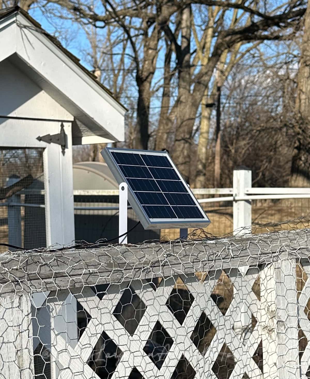 A small solar panel mounted on a white lattice fence is seen on a clear day. Nearby, a mysterious white structure holds intrigue like an empty wine bottle candle, with bare trees and a clear blue sky creating the perfect backdrop for this serene scene.
