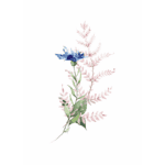 A watercolor illustration of a blue flower with green leaves and delicate pink ferns graces a white background. This latest artwork showcases soft, blended colors and a minimalist design.