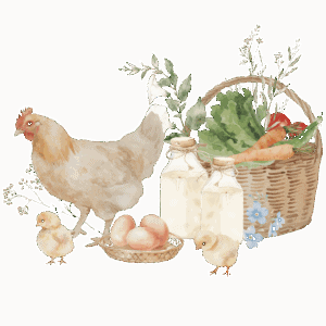 What You'll Find Here: Watercolor illustration of a hen with two chicks, a basket of eggs, two milk bottles, fresh vegetables in a woven basket, and delicate floral accents.