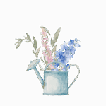 A watercolor illustration of a blue watering can filled with pink and blue flowers and green leaves, perfect for adding a touch of "Living Large in A Small House" charm, set against a transparent background.