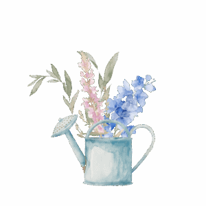 A watercolor illustration of a blue watering can filled with pink and blue flowers and green leaves, perfect for adding a touch of "Living Large in A Small House" charm, set against a transparent background.